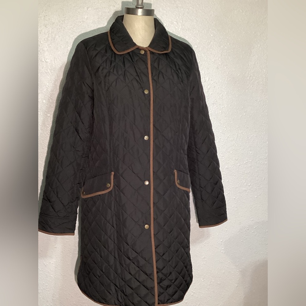 Talbots Quilted Black jacket with Brown Trim size medium